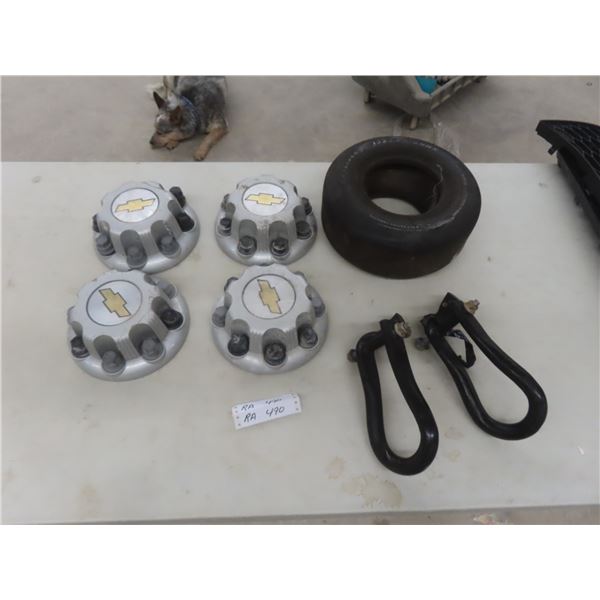 Zero-Turn Front Lawnmower Tire, Ford Tow Hooks, Four Chevy Center Caps, and Lug Nuts