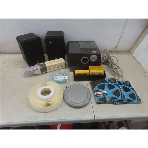 Two Teac Speakers, Sawyers Stack Loader Slide Projector, Slides, and More