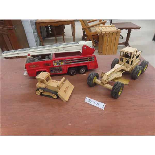 Tonka Fire Truck, Grader, and Wooden Caterpillar