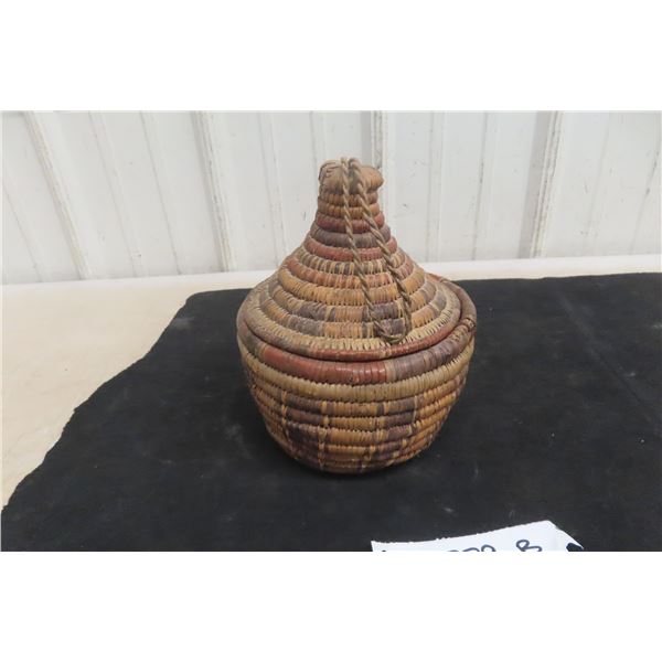 Antique Indigenous Hand-Woven Lidded Basket, 7" Tall