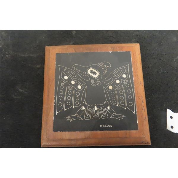 Vintage First Nations Tlingit Scrape Art Wall Hanging, 5 1/2" x 5 1/2", Signed