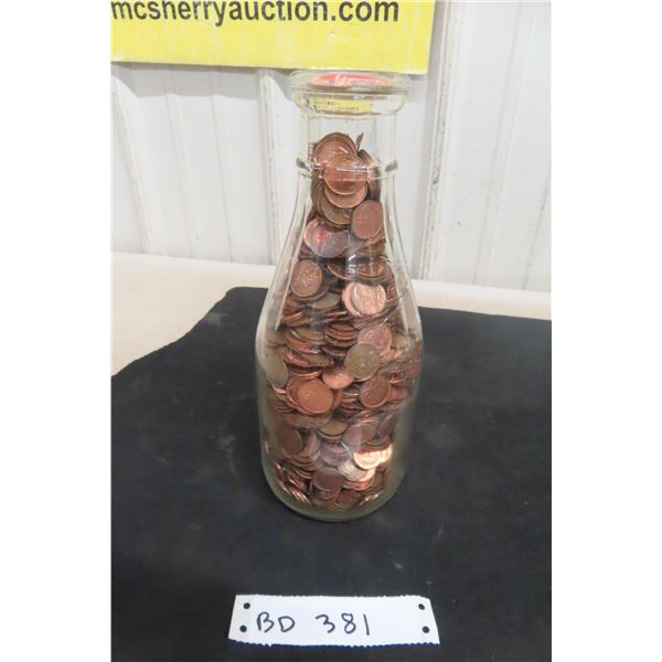 Vintage Crescent Creamery Milk Bottle Filled With Pennies, Over 9 Pounds in Bottle