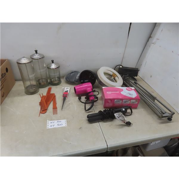 Barbicide Disinfectant Glass Jars, Sterilization Tray, Hair Blower