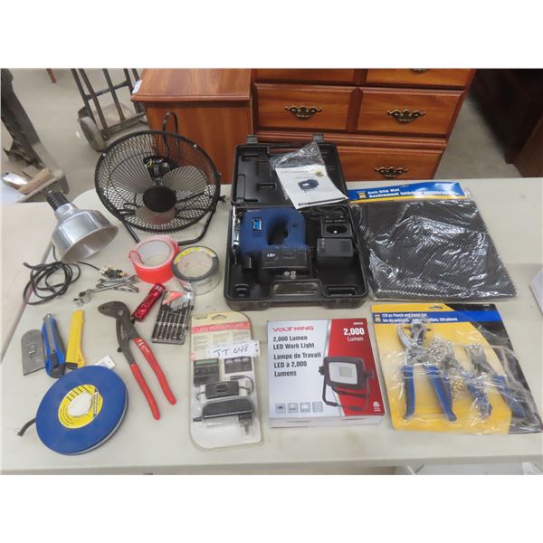 Anti Slip Mat, 18V Cordless Jig Saw, 128 pc Punch & Eyelet Set, Fan, LED Work Light, Tape Measure