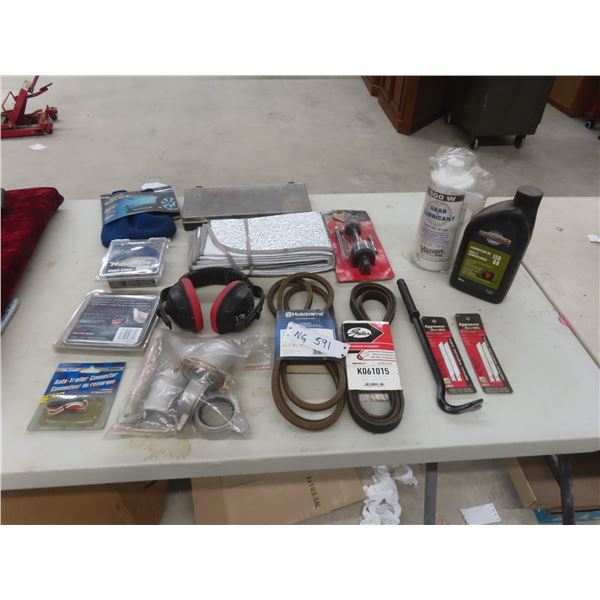 Husqvarna 54" Deck Belt; Auto Trailer Connector; Fuel Line; Windshield Sun Visor; Gear Lubricant;