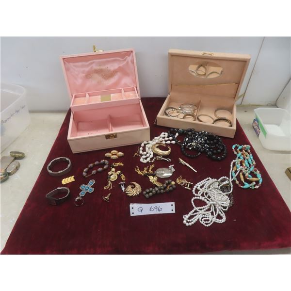 2 Jewelry Boxes with Fashion Jewelry: Beads, Bracelets, Brooches, Cuff Links, Tie Clips