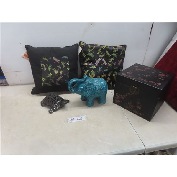2 New with Tags Toss Pillows, Storage Box, Ceramic Elephant +