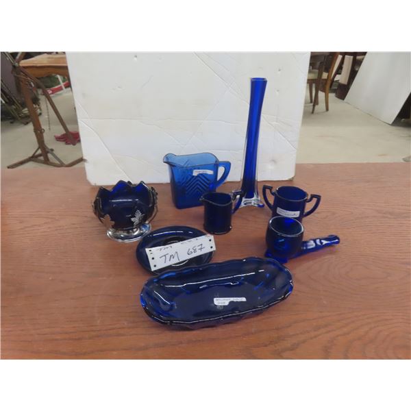 8 pcs Cobalt Blue Vase, Creamer, Sugar Bowl, Banana Split Bowl, Candy Dish