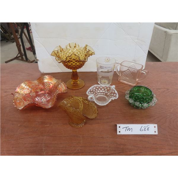 Carnival Candy Dish, Hand Painted Glass, Hobnail Footed Bowl, Basket Dish, and More