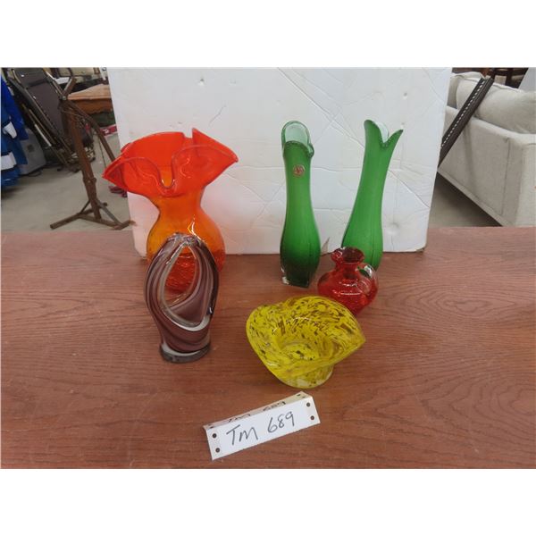 Art Glass Vases, Fluted Top & Crackle Glass +
