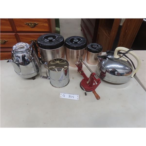 Three-Piece Vintage Cannister Set With Electric Kettle, Coffee Percolator, Apple Corer and Sifter