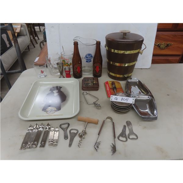 Assorted Barware Including Ice Bucket, Coasters, Kodiak Metal Tray, Pabst Blue Ribbon Pitcher