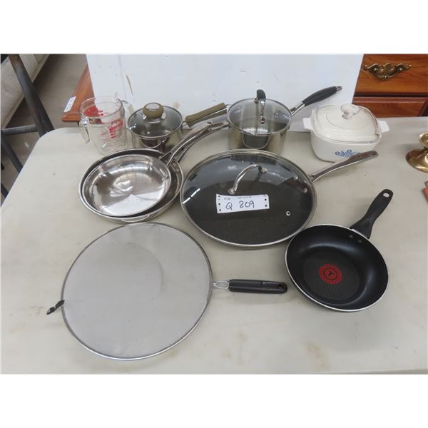 Nine-Piece Cookware Lot With Pots, Pans, Pyrex Measuring Cups and Corningware Casserole Dish