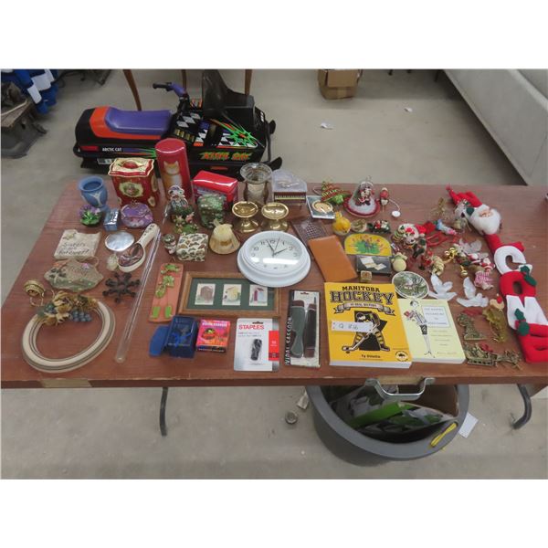 Assorted Home Decor Including Clock, Yard Ornaments, Christmas Items, Brass Candle Holders and More