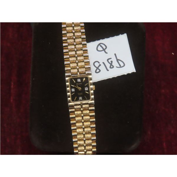 Ladies Gold-Tone Elgin Diamond Quartz Watch With Black Face