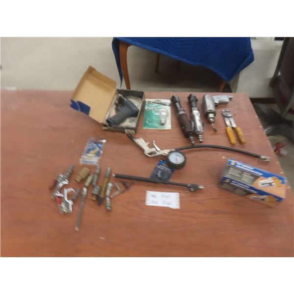 4 Assorted Air Tools Including Ratchets, Drills, Air Chucks, Tire Gauge and 3/8" Lubricator