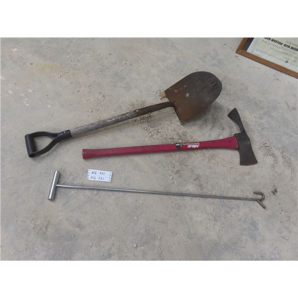 Assorted Yard Tools Including Spade Shovel, Pulaski Axe and 5th Wheel Pin Puller