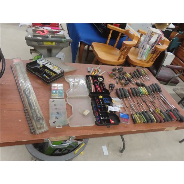 Assorted Tools Including 60 Screwdrivers, Auger Bits, Antenna, Electrical Wire Terminals