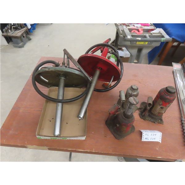 Five-Piece Lot With Three Hydraulic Bottle Jacks and Two Barrel Pumps