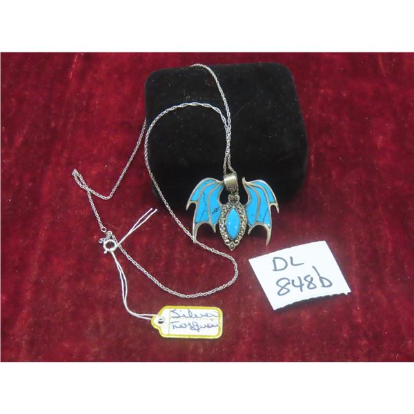 New Sterling Silver Necklace With Turquoise Pendant, Total Weight 8.05 Grams