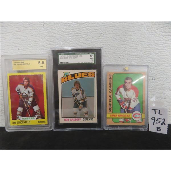 Three Hockey Cards: Frank Mahovlich, 1973 Jim Schoenfeld Graded 5.5, and 1976 Bob Gassoff Graded