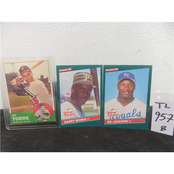 Three Baseball Cards: 1986 Bo Jackson Rookie, 1986 Barry Bonds Rookie, and 1963 Joe Torre
