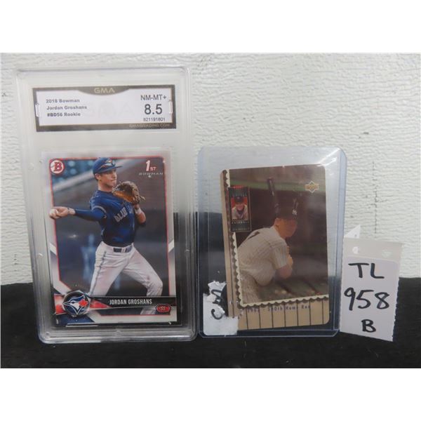 Two Baseball Cards: 1994 Mickey Mantle Reprint Sample and 2018 Jordan Groshans Graded 8.5