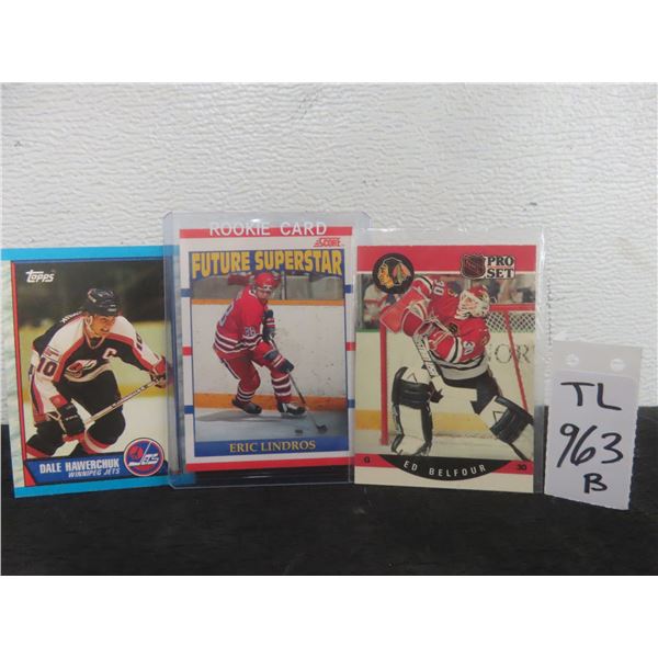Three Hockey Cards: Eric Lindros Rookie, Dale Hawerchuk Jets, and Ed Belfour Rookie