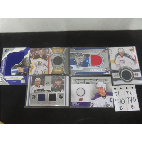 Six Cloth Hockey Cards: Dustin Brown, Martin Jones, Scott Hartnell, Tim Gleason, Tuukka Rask, and