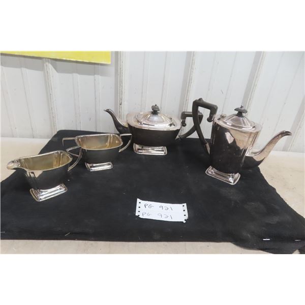 Four-Piece 1930s Art Deco Silver-Plated “De Montford” Sheffield Coffee and Tea Set With Bakelite