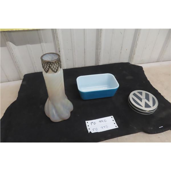Three Items: Pyrex 502B Refrigerator Dish, Iridescent Glass Vase With Metal Edge, and Sealed New
