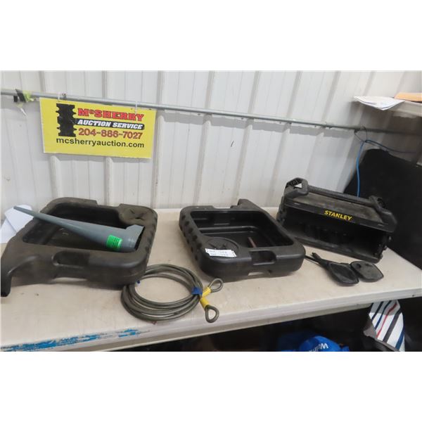 Coated Security Cable, Two Oil Drain Pans, Funnel, and More