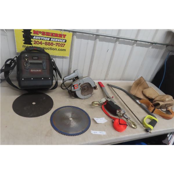 Buck Saw, Come-Along, Carpenter Belt, Tool Bag, and Saw Blade