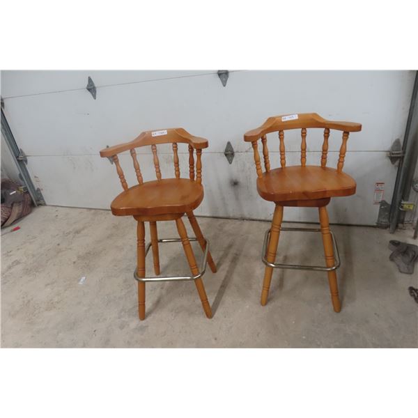 Two Wooden Swivel Bar Stools