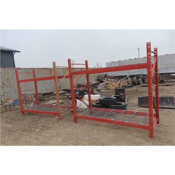 Two Sets of Pallet Racking With Four Uppers, Eight 8-Foot Cross Arms, and Mesh Shelves