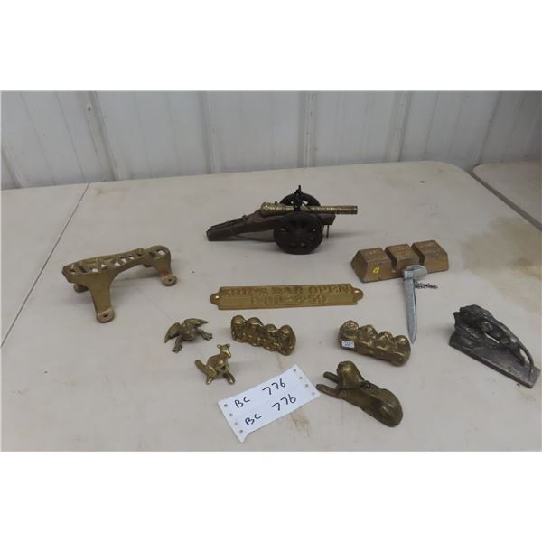 Assorted Brass Ornaments: Cannon, Anchor, and More