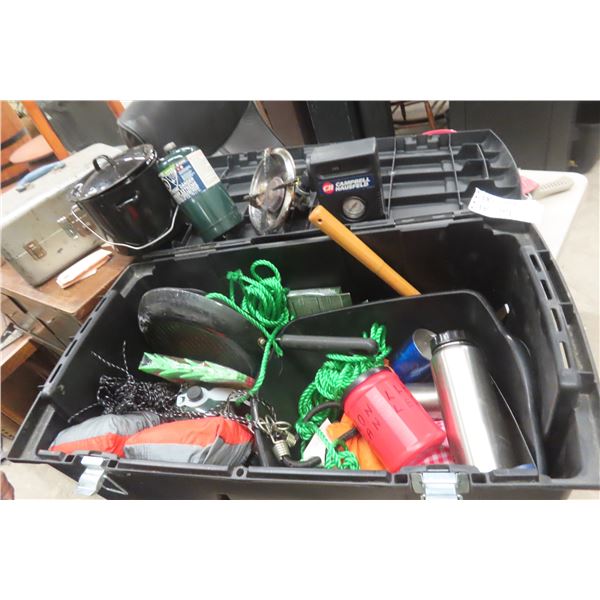 Storage Tub Full of Camping Items Including Cookers and Propane Bottles