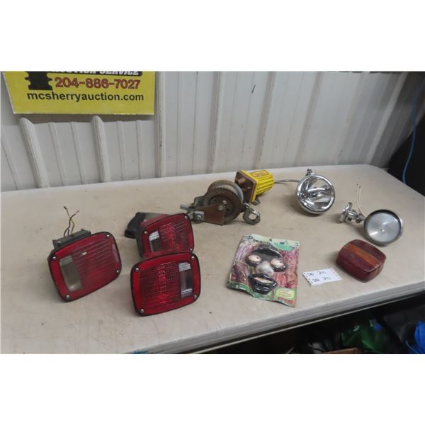 Hand Winch with Truck Tail Lights and Miscellaneous Items
