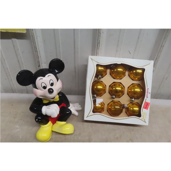 Mickey Mouse Piggy Bank and Package of Christmas Ornaments