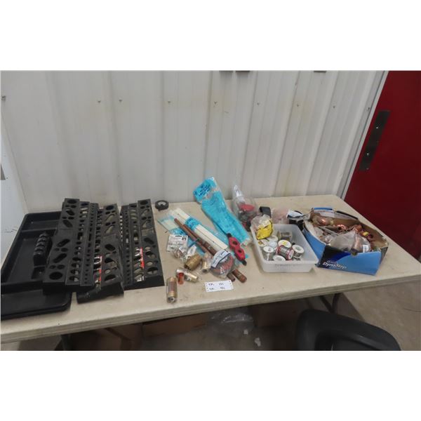 Assorted Copper and Brass Plumbing Fittings, Electrical Wire, and Tool Organizer