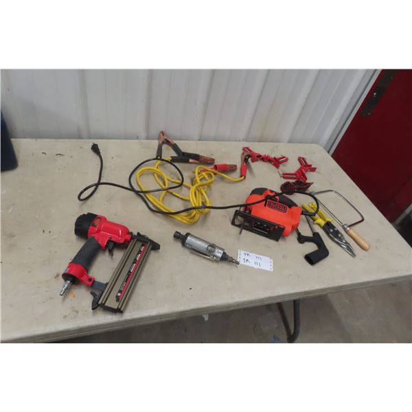 Black & Decker Jig Saw, Booster Cables, Air Brad Nailer, Air Die Grinder, Tin Snips, and Clamps