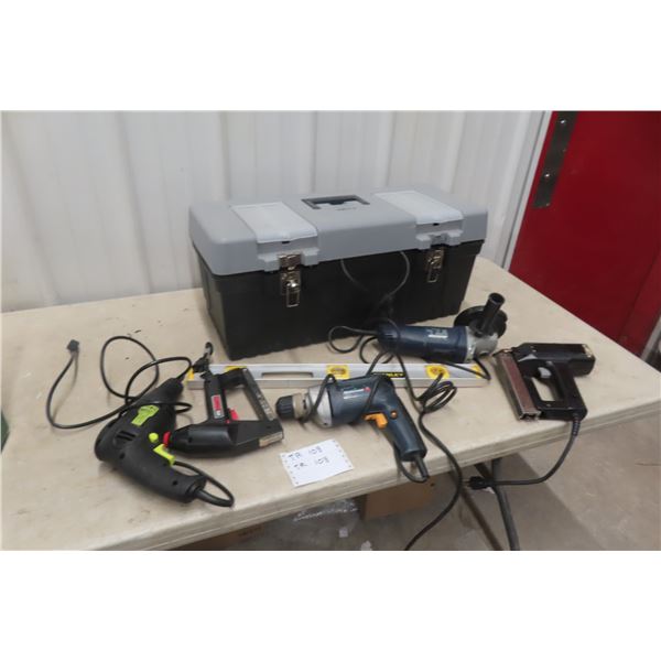 Tool Box with Power Tools Including Angle Grinder, Two Staplers, and Drill