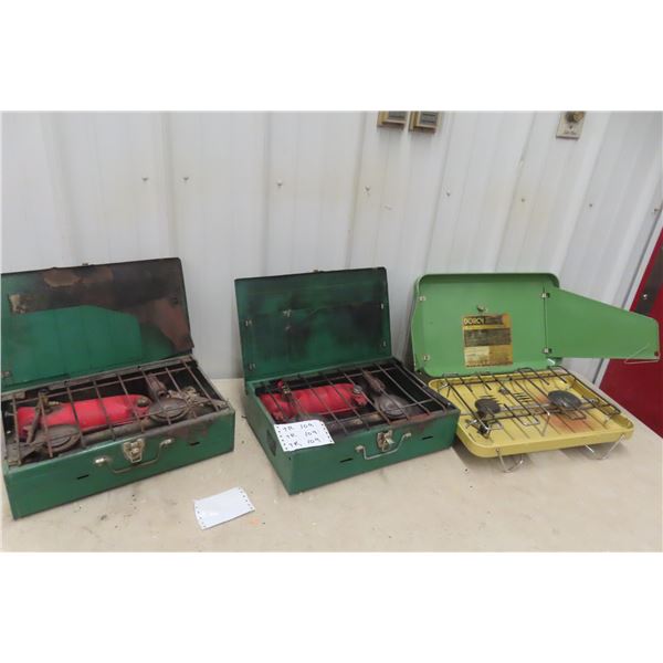 Three Camp Propane Cookers (Two Coleman, One Dorel)