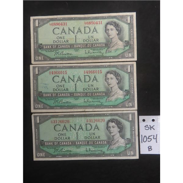 Three 1954 Canadian $1 Bills, VG Condition