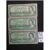 Image 1 : Three 1954 Canadian $1 Bills, VG Condition