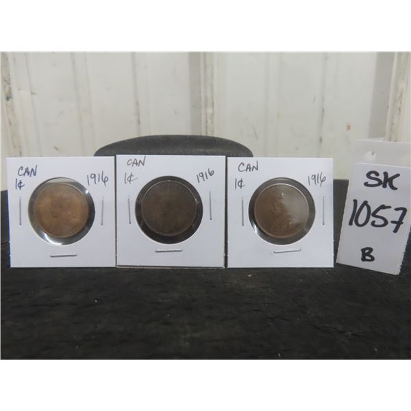 Three 1916 Canadian 1-Cent Large Pennies