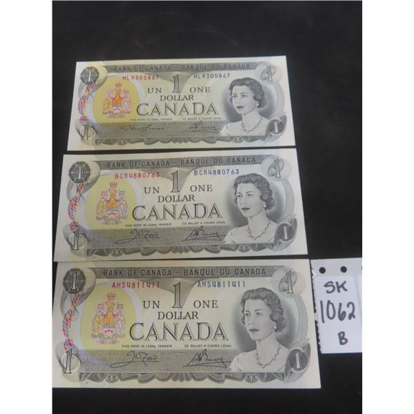 Three 1973 Uncirculated Canadian $1 Bills