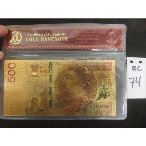 24K Gold-Plated Polish Bank Note