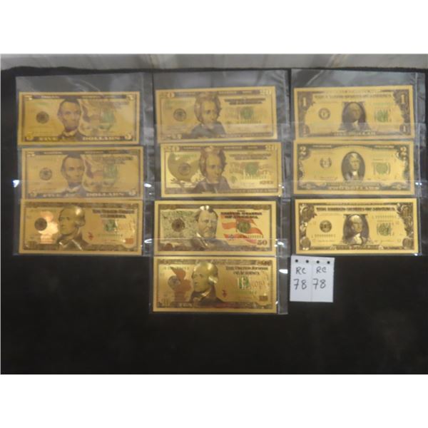 Ten 99% Gold-Plated U.S. Bills