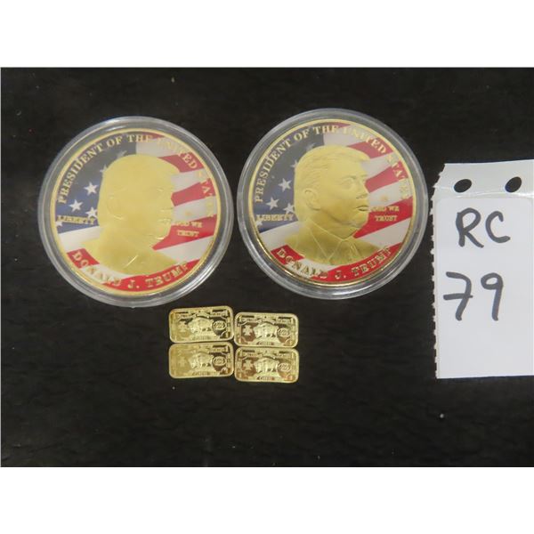 Four Small Gold-Plated Ingots and Two Donald Trump Coins